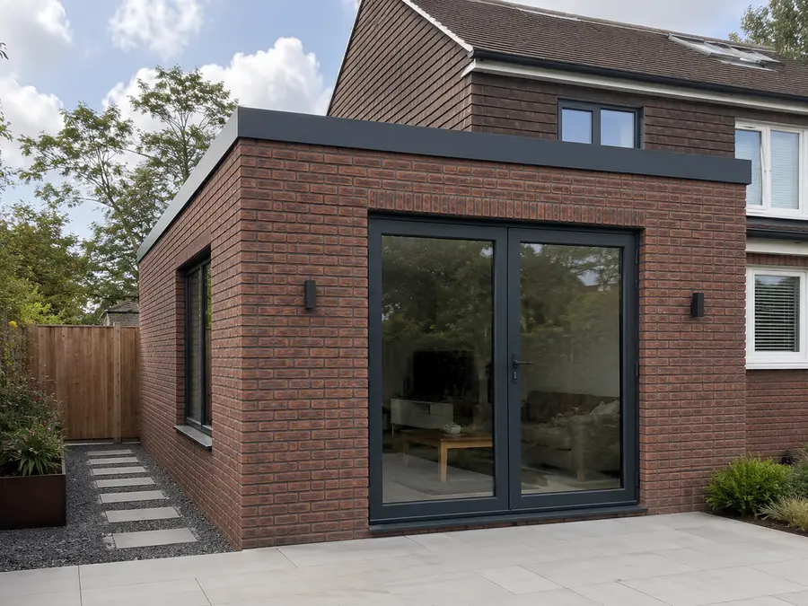 Uitbouw met openslaande tuindeuren en een zijraam, met een tuinpad van stapstenen ernaast.